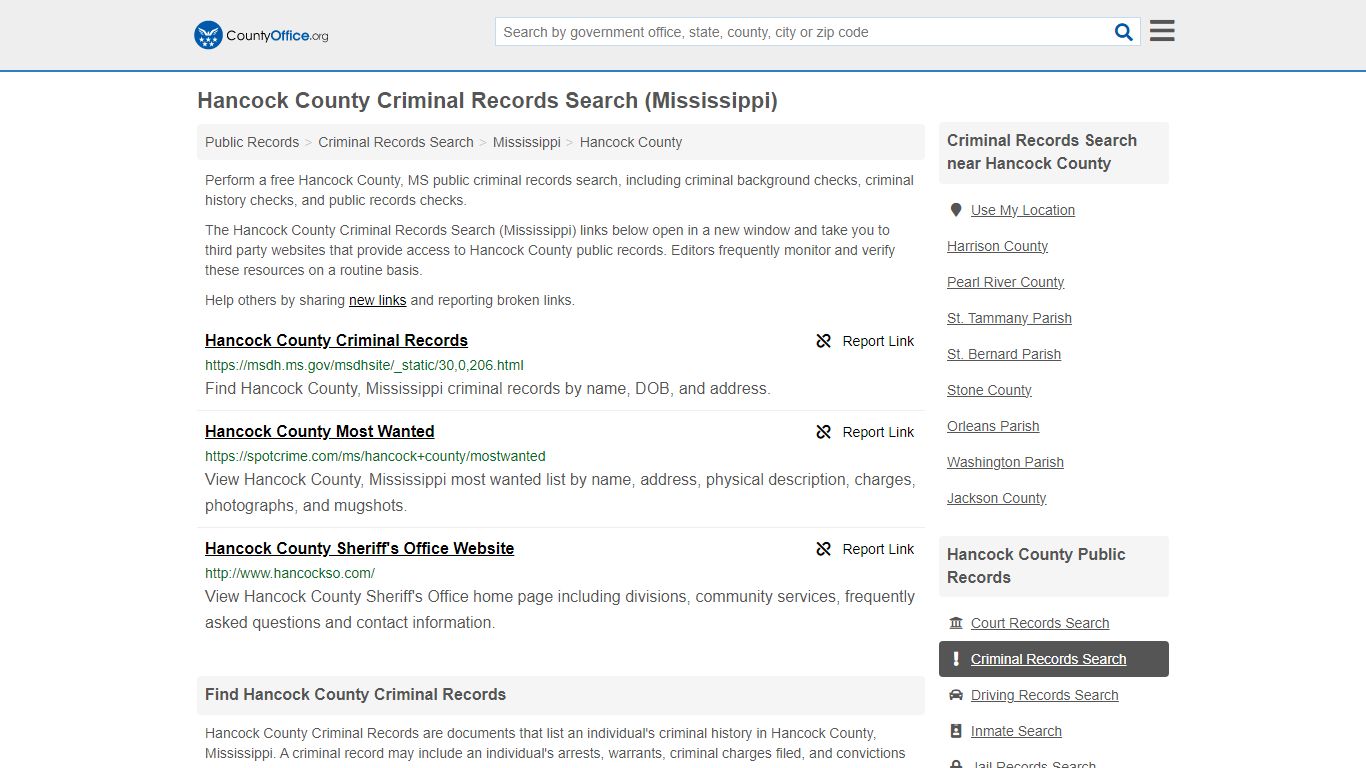 Hancock County Criminal Records Search (Mississippi) - County Office